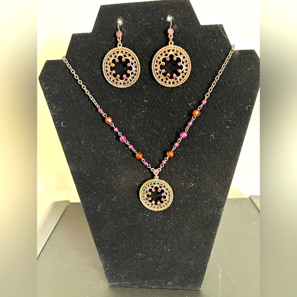 1928 statement necklace and dangle earrings set in pink crystal - Picture 4 of 8